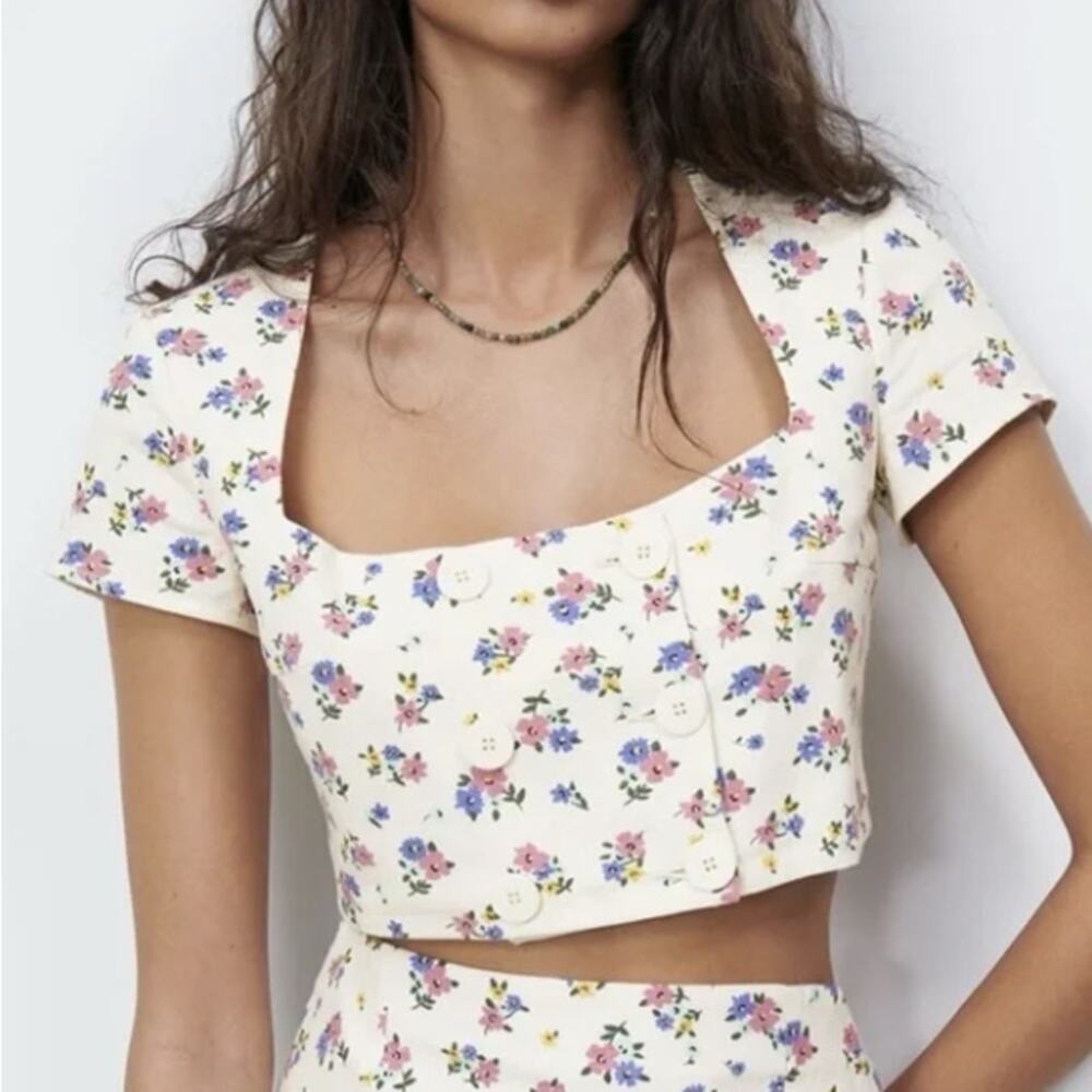 ZARA Floral Crop Top Womens Sz Medium Square Neck Linen Blend Cottagecore - Picture 1 of 5